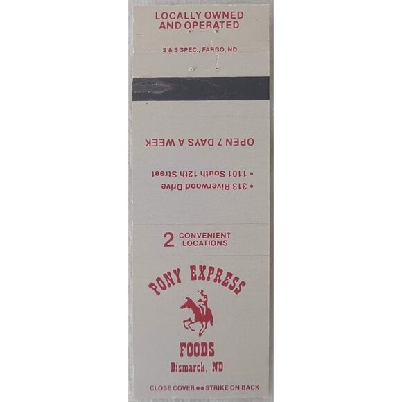 Matchbook Cover Pony Express Foods Bismarck ND North Dakota White Red Text - Picture 1 of 4